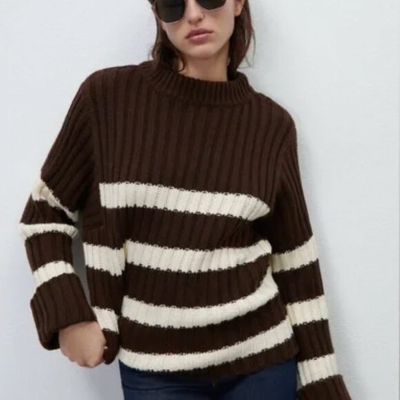 Zara Chunky Knit Sweater Cream & Brown Stripped - Picture 1 of 4